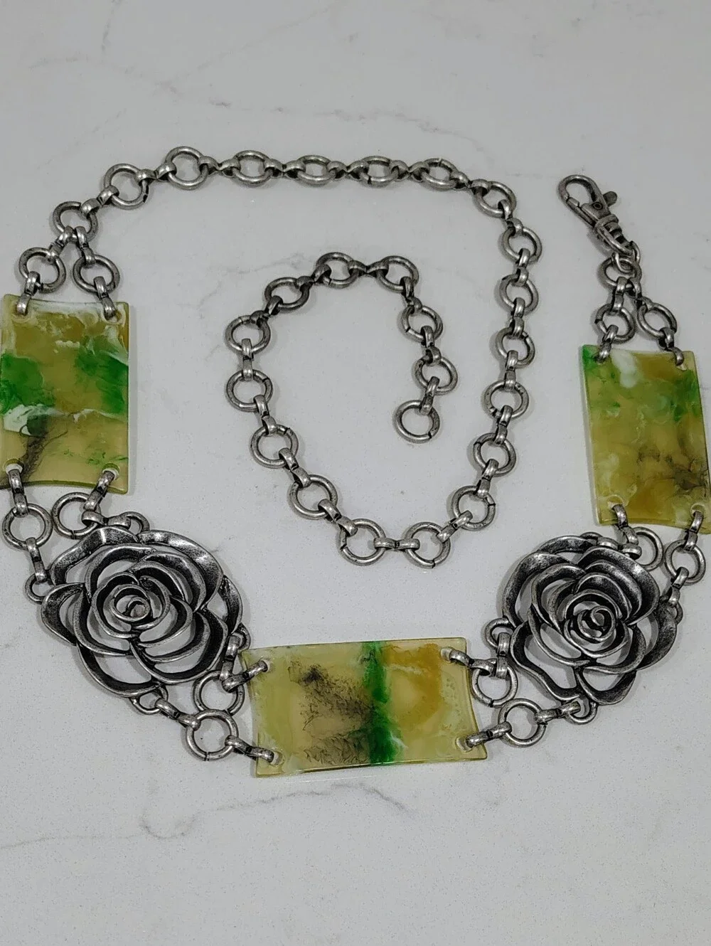 Y2K Belt Carved Metal Roses Statement Piece Silver & Marble Amber Green Inserts